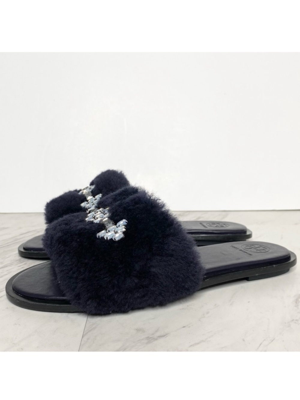 New! Tory Burch Aspen Shearling Navy Blue Slide Slipper 7 1/2